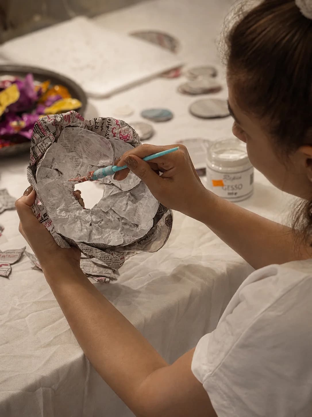 Wearable paper sculpture finished with color — Sara Idee handcrafted process